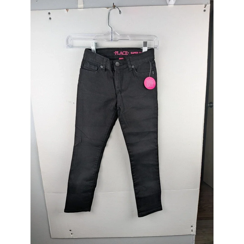 The Childrens Place Girls Super Skinny Jeans Black Denim Size 6 Adjustable Waist